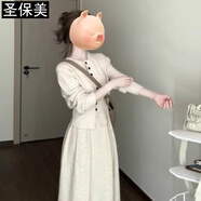 圣保美小香赫本風(fēng)針織連衣裙女秋冬季2025新款高級感穿搭長(cháng)裙子兩件套裝 杏色套裝 S 碼