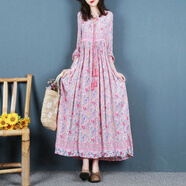 ROAR UTHAUG復(fù)古民族風(fēng)棉質(zhì)印花連衣裙女春夏季長款大擺裙寬松波西米亞長裙子 粉色 L 120-135斤左右