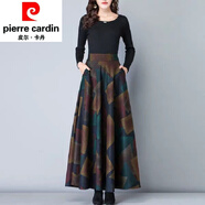 皮爾卡丹（pierre cardin）毛呢格子半身裙a字裙大擺長(zhǎng)裙中長(zhǎng)款裙子女春秋冬季女裝針織 方塊色 M