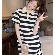 景怡依2025新款微胖女孩夏季女裝寬松裙子胖學(xué)生休閑裙T恤裙顯瘦連衣裙 黑白條紋 L