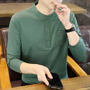 慈良中國風(fēng)棉長袖t恤男春秋潮流百搭打底修身體恤純色上衣服裝亨利領(lǐng) 綠色 2XL (140斤-155斤)