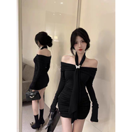 蝶霓斯夜店性感一字肩紫色長袖連衣裙女秋冬純欲低領蝴蝶結小媽掛脖包臀 黑色 L 105-115斤