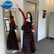 A 21 FUNB2025年新款法式黑色碎花裙子玫瑰花吊帶連衣裙女裝夏季感長裙 碎花連衣裙【單件】 XL 建議120-130斤