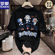 羅蒙（ROMON）藍胖子夏季卡通新款哆啦A夢(mèng)清新T恤男裝情侶純棉潮寬松短袖女新品 V1708黑色 S 建議80-95斤