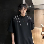 嘉曄（JIAYE）2025夏季暗黑山本風(fēng)個(gè)性重工拉鏈拼接休閑圓領(lǐng)短袖t恤男潮牌 黑色 L
