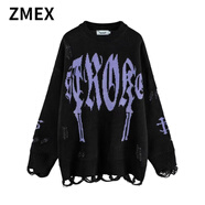 ZMEX美式復(fù)古小眾破洞毛衣外套男女ins潮牌高街朋克風(fēng)寬松針織衫上衣 GJ-GM51黑色毛衣 M