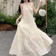 斤慕法式復(fù)古掛脖連衣裙女2025夏季新款仙女氣質(zhì)白色蕾絲海邊度假長裙 米白色【均碼】