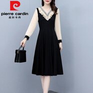 皮爾卡丹（pierre cardin）加大碼200斤胖mm長(cháng)袖拼接V領(lǐng)連衣裙女春秋寬松遮肚時(shí)尚減齡中長(cháng)裙 黑色 M 建議85-100斤