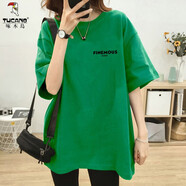 啄木鳥(niǎo)紅色寬松長(cháng)款正肩字母短袖T恤女2025春夏新款歐貨大版上衣ins 綠色【FINEMOUS-黑】 L 115-130斤
