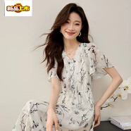 初徑【清爽舒適】國風(fēng)水墨印花雪紡連衣裙女2025夏季新款收腰荷葉袖中 水墨黑 L (105-115斤)