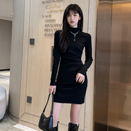 冰飛 時(shí)尚時(shí)尚百搭設(shè)計(jì)感半高領(lǐng)連衣裙女秋冬季新款打底單穿收腰包臀裙修身 黑色 S 建議85-95
