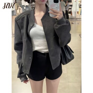 JZDZ休閑灰色夾克棒球服外套女感寬松顯瘦氣質毛呢短款開衫春秋季新款 灰色外套 商場同款 S 商場同款