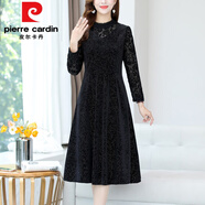 皮爾卡丹（pierre cardin）年春秋裝新品連衣裙蕾絲拼接氣質(zhì)百搭過(guò)膝打底裙子年輕媽媽裝女裝 黑色 常規款 XL 【90-104斤左右】