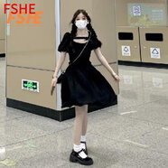 FSHE法式小黑裙宮廷風(fēng)設(shè)計感夏季2025新款收腰顯瘦蝴蝶結(jié)短袖連衣裙女 黑色 M