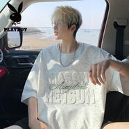 花花公子夏季短袖男款寬松鋼印五分袖青少年半袖體恤美式學(xué)院風(fēng)重磅T恤男 T2506-白色【熱銷(xiāo)款】 L 建議110-125斤