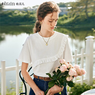 Olrain歐芮兒法式白色短袖t恤女夏季新款設(shè)計感顯瘦純棉體恤衫上衣 米白色 L