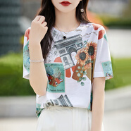 HMRSV桑蠶絲短袖T恤女2025夏季新款休閑時(shí)尚設計感涼感馬家印花上衣潮 古堡印花832 L