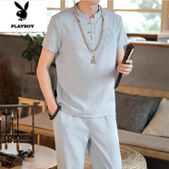 花花公子（PLAYBOY）夏季新款棉麻男套裝亞麻短袖t恤休閑半袖唐裝漢服體恤中國風(fēng)服飾V 灰色【短袖+長褲】 M