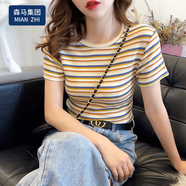 棉致條紋短袖t恤女夏季新款撞色ins潮高腰顯瘦短款上衣 杏色條紋 XL 106-115斤