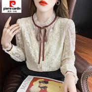 皮爾卡丹（pierre cardin）加絨蕾絲打底衫女秋冬新款洋氣保暖上衣超仙氣質(zhì)百搭大碼女裝小衫 杏色 M