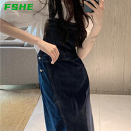 FSHE單/套裝女裝2025夏季新款顯瘦開叉吊帶背帶牛仔連衣裙女 單件牛仔背帶裙 L 【建議101-113斤】