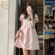 鏡渝先生成人公主禮服拼接蓬蓬泡泡袖甜美日系甜美公主蝴蝶結粉色花邊 粉色連衣裙_[蝴蝶結可拆卸] S
