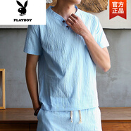 花花公子（PLAYBOY）冰絲短袖t恤男夏季薄款亞麻半袖上衣大碼V領(lǐng)男士寬松男裝棉麻體恤 天藍色袖短 5XL