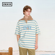英克斯（inxx）美式校園感圓領(lǐng)T恤男復古撞色條紋印花短袖寬松五分袖女 藍色 XL