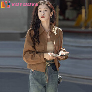 VOYDOVE春秋外套女設(shè)計(jì)感港風(fēng)上衣復(fù)古長(zhǎng)袖襯衫洋氣短款純色小個(gè)子襯衣女 咖啡色外套【z】 M 91-105斤