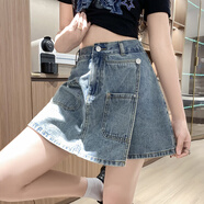 秋伊梵大碼女裝韓版高腰牛仔短褲裙夏季胖mm遮胯百搭顯高A字闊腿短裙褲 藍(lán)色 3XL