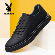 花花公子（PLAYBOY）男鞋子男2025夏季新款軟底正品休閑皮鞋低幫運(yùn)動(dòng)鞋戶外時(shí)尚百搭鞋 黑色 42