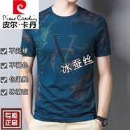 皮爾卡丹高檔男裝男士短袖t恤絲光棉圓領(lǐng)半袖夏季冰|絲體恤衫桑蠶絲上衣潮 VG哈青 L 170建議115-135斤