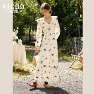 Olrain歐芮兒法式杏色連衣裙女秋裝2025新款V領(lǐng)荷葉邊碎花裙 杏色 M