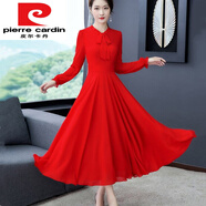 皮爾卡丹（pierre cardin） 純色2022新款春季長袖雪紡大擺舞蹈連衣裙女長款大紅色跳舞長 紅色 2XL