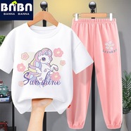 班納班納女童套裝夏季兒童純棉寬松短袖中大童童裝衣服冰絲速干女孩防蚊褲 N飛馬白+N淡顏花K粉褲 160