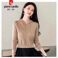 皮爾卡丹（pierre cardin）小個子高腰薄款針織帽衫女長袖外穿短款毛衣春秋冬連帽衛(wèi)衣打底衫 卡其色 S