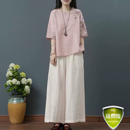 夏典素訂女王素訂棉麻復(fù)古上衣女2025刺繡文藝短款夏季女裝中國風民族風t恤 粉色+麻色闊腿褲 M 建議80-100斤