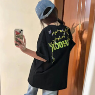 文頗100%純棉重磅小惡魔花卉印花短袖t恤男女夏季寬松設計感小眾半袖 260克-黑 L 建議110-125斤