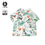 小豬大衛 PECODAVID童裝T恤防蚊褲夏季新品100%棉兒童短袖上衣長(cháng)褲0-3歲夏裝 綠棕兔子 110 【T恤無(wú)肩扣】