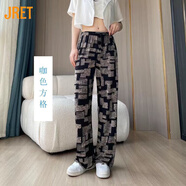 Jret冰絲褲子女新款潮水墨印花扎染休閑長(cháng)褲夏秋薄褲子花褲子潮流碎花 咖色方格 M(80-100斤)