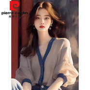 皮爾卡丹（pierre cardin）v領(lǐng)長(cháng)袖雪紡襯衫秋裝女款2025年新款氣質(zhì)小衫洋氣感初秋上衣 米杏【優(yōu)質(zhì)面料 收藏優(yōu)先發(fā)貨】 XL
