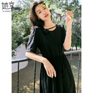 她享短袖連衣裙女赫本風(fēng)小黑裙設計感氣質(zhì)收腰a字裙中長(cháng)款裙子T52Q021 黑色 L