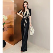 源夫人高端時(shí)尚條紋連體衣2025年夏季新款女氣質(zhì)顯瘦闊腿連體褲 黑色 L 【建議105-115斤】