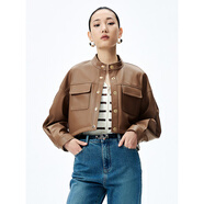 太平鳥(niǎo)女裝外套春季PU皮衣外套女時(shí)尚潮流短款個(gè)性 棕色 XL