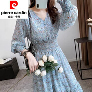 皮爾卡丹（pierre cardin）文藝風碎花裙雪紡連衣裙長裙春季韓版仙女裙荷葉邊大擺裙針織 深藍小碎花853 M 90-99斤