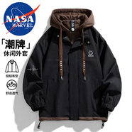 NASA MARVEL七夕情人節禮物夾克男春秋季連帽假兩件透氣時(shí)尚防風(fēng)寬松情侶裝