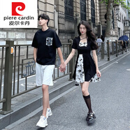 皮爾卡丹（pierre cardin）法式情侶裝T恤一裙一衣蕾絲拼接碎花連衣裙子茶歇赫本風(fēng)短袖針織 男白短褲 S