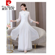 皮爾卡丹（pierre cardin）新中式唐裝女裝中國(guó)風(fēng)漢服套裝盤(pán)扣改良款旗袍上衣女春夏禪意茶服 白色套裝 2XL