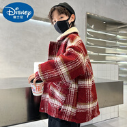 迪士尼（Disney）男童冬裝加絨毛呢外套2025新款兒童冬季紅色拜年服男孩呢大衣棉衣 紅色加絨加厚款 cm 120