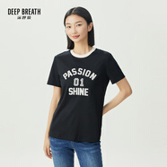 深呼吸DEEP BREATH女裝撞色亮片字母休閑百搭長(zhǎng)絨棉短袖T恤女A301446 黑 M (3碼)